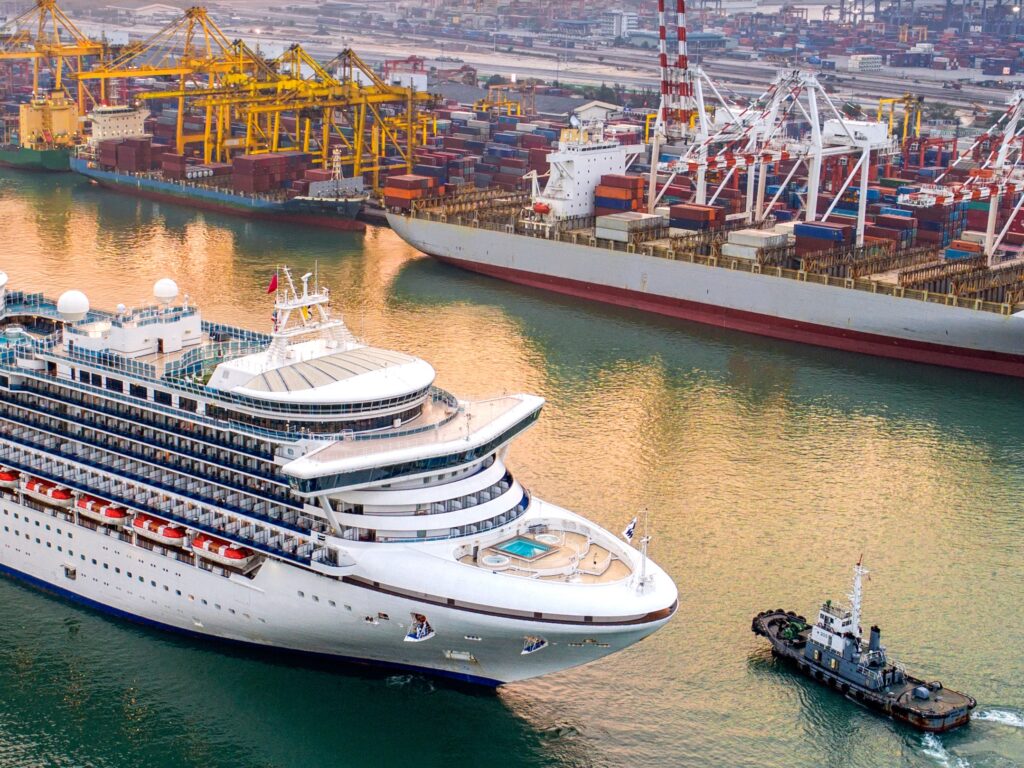 Luxury cruise ship proceed on sailing from port channel due on sunrise– maritime industry insights